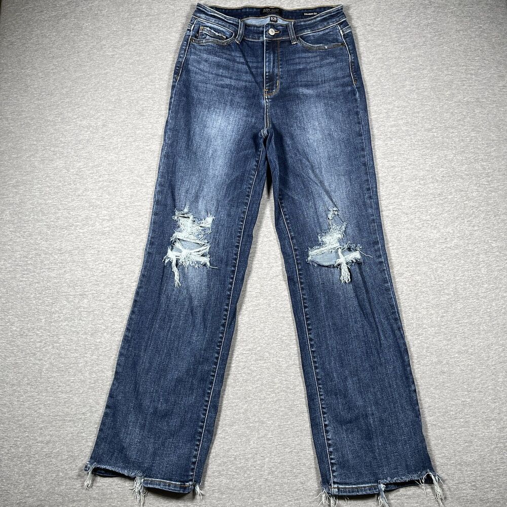 Judy Blue Jeans Womens 9/29 Blue Straight Fit Medium Wash Distressed Frayed Hem